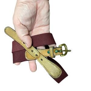 Vintage 1980s Lady Canterbury Burgundy and Tan leather Belt with Gold Buckle